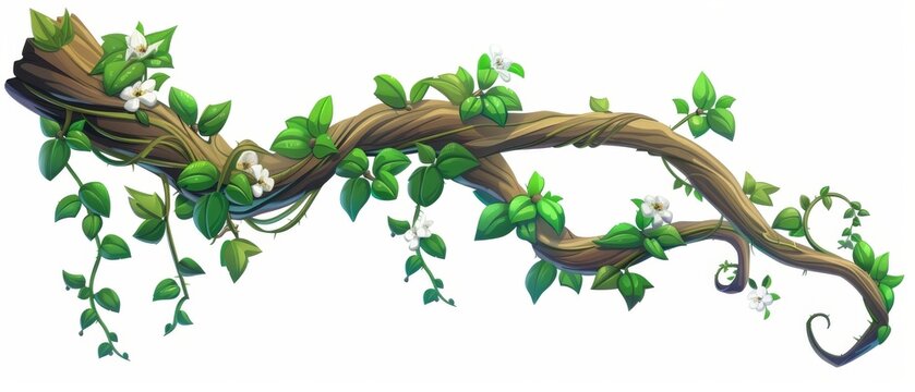 A twisted liana branch with green leaves and flowers. Cartoon modern illustration of jungle climbing vine with foliage. Climbing vine with vines.