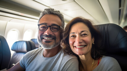 Mixed race middle aged couple travelling by plane, holiday vacation concept. AI Generated content - 756564813