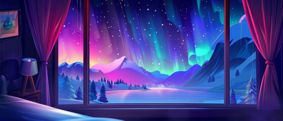 Mountain lake view at night from chalet window. Modern illustration of colorful aurora borealis lights over a dark starry sky and transparent curtain in the room with pictures hanging on the wall