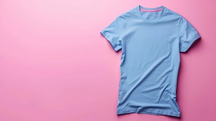 A neatly laid out blue t-shirt against a striking pink background, presenting a clean and simple aesthetic for casual fashion.