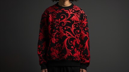 Elegant black sweatshirt with a detailed red floral pattern, perfect for a fashionable statement in cooler weather.