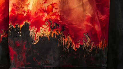 Close-up of a textured fabric with an abstract fiery and black pattern, resembling flames.