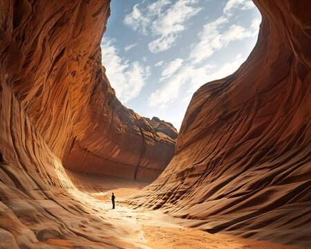 A person stands amidst towering, wavy, orange rock formations under a bright sky