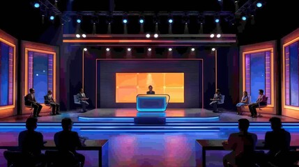 A single presenter and contestants sitting on a 3d stage for an quiz show