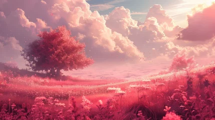 Photo sur Plexiglas Rose clair Surreal landscape of a vibrant pink meadow under a dreamy sky, with a solitary magical tree and floating petals.