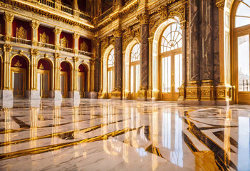golden marble interior of the royal palace, golden palace, interior of the aristocratic castle museum, - obrazy, fototapety, plakaty