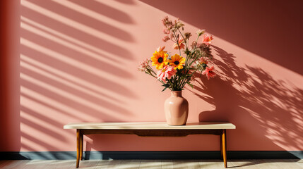 Bright daisies flowers bouquet in pink vase on table, shadows on pink wall - 756565079