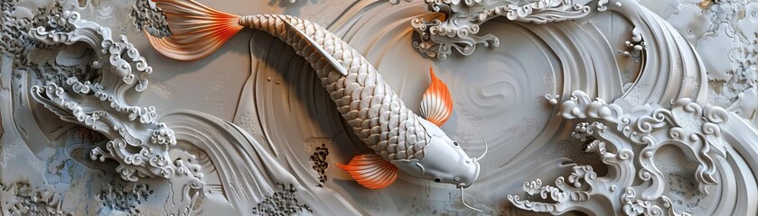 A 3D sculpture of a majestic koi fish leaping out of the water against a mythical background