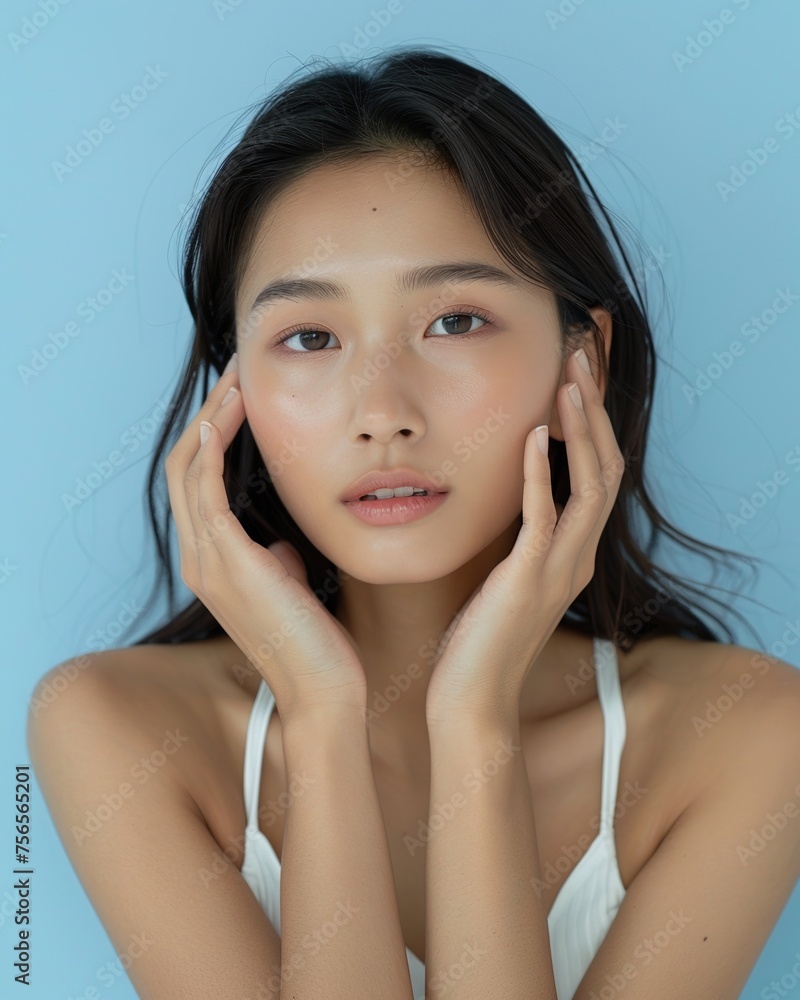 Wall mural Photo of an Asian female model on blue background 