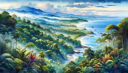 Watercolor landscape of Corcovado National Park in Costa Rica - obrazy, fototapety, plakaty