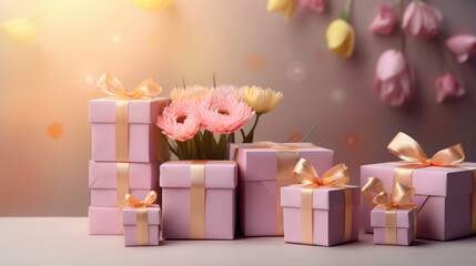 Gifts for March 8th, Mothers day, Pink Present boxes background, copy space - 756565276