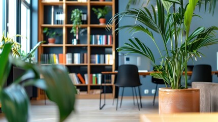 a zoom background photo of a minimalist modern office with a bookshelf and plants