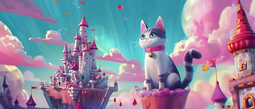 Create a whimsical depiction of cat royalty in a floating kingdom using bright