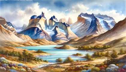 Fotobehang Watercolor landscape of Torres del Paine National Park, Chile © monkik.