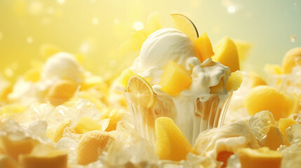 Citrus ice cream with flying fruit slices ingredients, dessert food background - 756565433