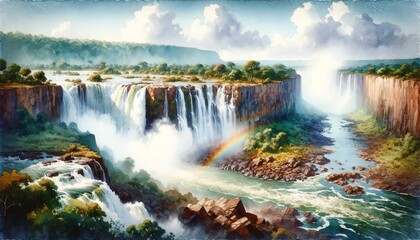 Watercolor landscape of Victoria Falls National Park, Zimbabwe - obrazy, fototapety, plakaty