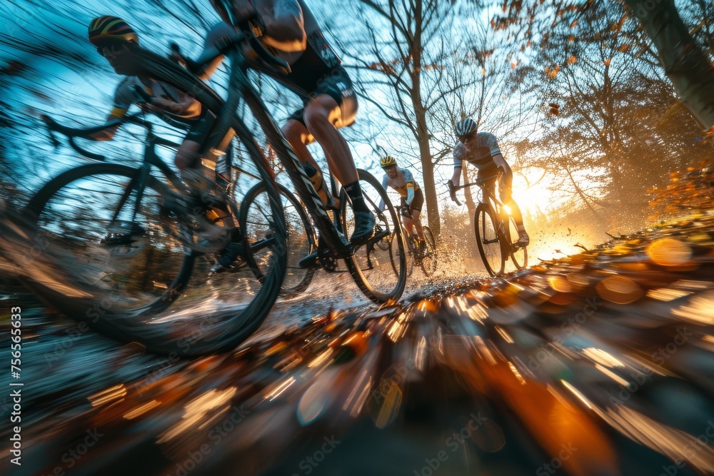 Poster cyclists intensely race through an autumnal forest with dynamic motion blur and a stunning sunset in