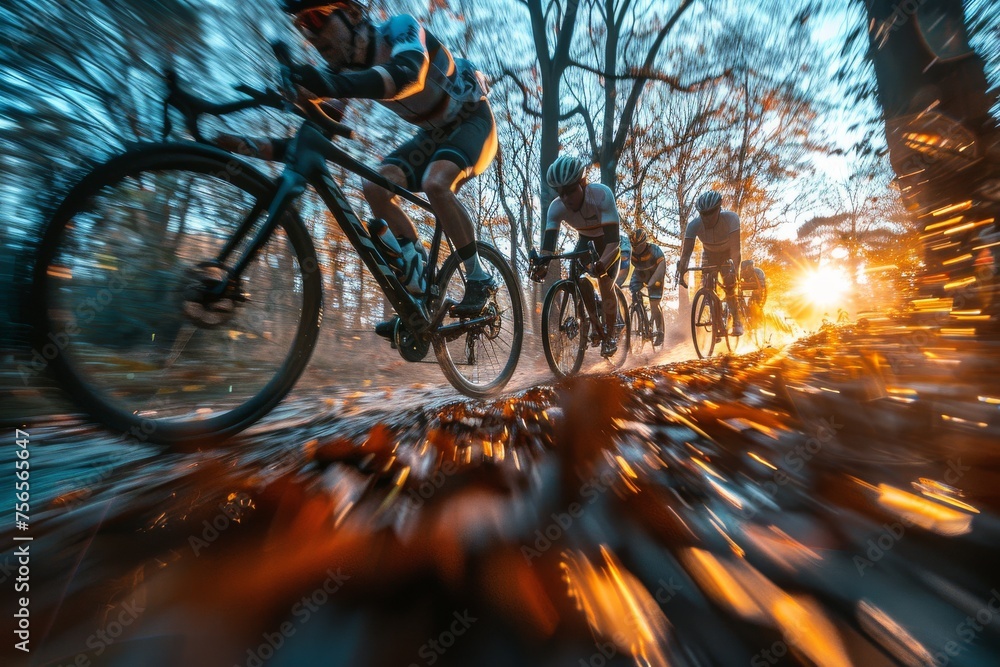 Poster the action of a cycling race is emphasized by motion blur as cyclists sprint through an enchanted fo