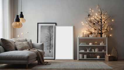 Amazing composition on white design shelf with mock up empty poster frame, christmas decoration, lights, gifts, lanterns ,deer, candles, stars, sofa and pouf