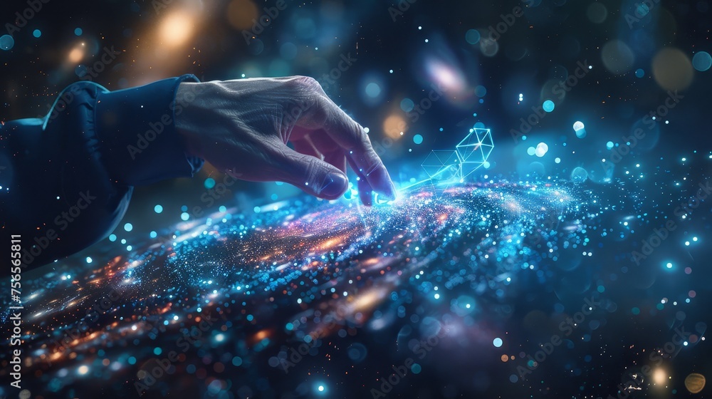 Poster a hand reaches out to touch a holographic interface, with particles resembling a star-studded univer
