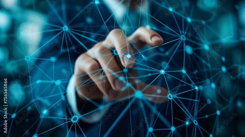 Poster a businessman's hand reaching towards a complex virtual network interface, symbolizing global connec