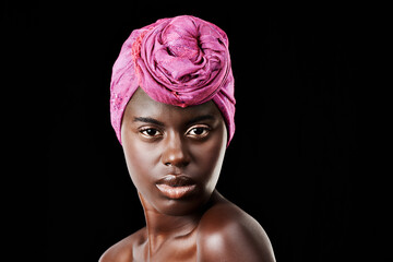 Black woman, head scarf and beauty portrait with serious, skincare and natural cosmetics in studio....