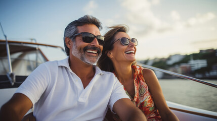 Smiling middle aged mixed race couple enjoying sailboat ride on summer day - 756566054