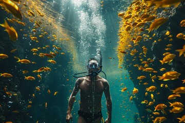 Scuba diver immersed in underwater life as a school of fish swims around in a sunlit ocean environment - obrazy, fototapety, plakaty