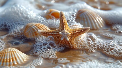 Starfish and shells on a bubbly sea surface close-up