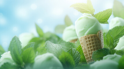 Green mint flavor ice cream with fresh leaves ingredients, dessert background - 756566249