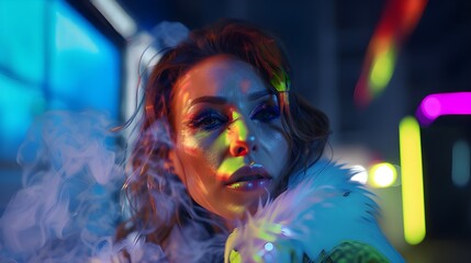 In the cyberpunk style, a beautiful woman immersed in neon lights that create a sense of the future and digital reality. Her portrait reflects an innovative approach to fashion and beauty.