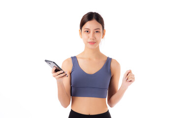 A fit young asian woman in sportswear using a smart phone, possibly managing her fitness routine isolated white background, active woman using smartphone in sportswear, sport and health.