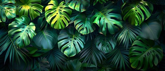 Tropical plant wallpaper. Hand drawn botanical pattern in green with foliage, palm leaves, monstera. Suitable for covers, prints, wall art, and decorations.