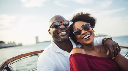 Smiling middle aged black couple enjoying leisure sailboat ride in summer - 756566632