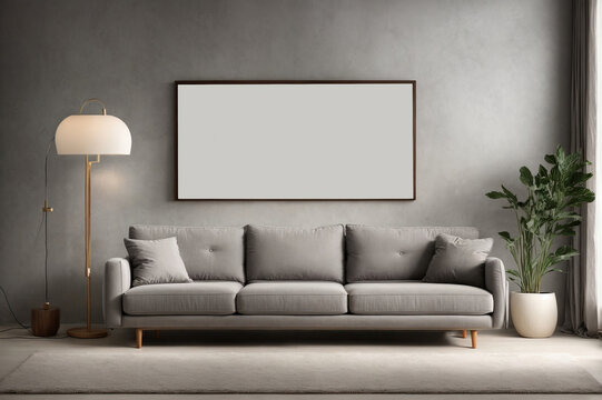 blank frame on wall, grey wall background, minimalist sofa, marble pattern wooden sofa, grey carpet, lamp