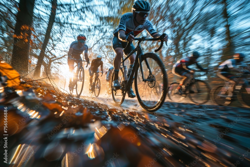 Poster an action-packed image of cyclists racing with a dramatic motion blur effect, conveying speed and co