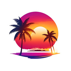 Fototapeta na wymiar graphic logo illustration Hawaiian Sunset with palm trees. white solid background. drop shadow. vibrant colors. vector art design