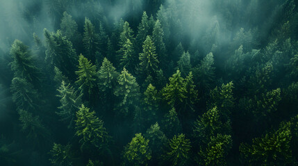 Aerial view of foggy evergreen forest with trees shrouded in mist