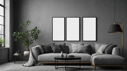 Blank picture frame mockup on gray wall, White living room design, View of modern scandinavian style interior with artwork mock up on wall, Home staging and minimalism concept