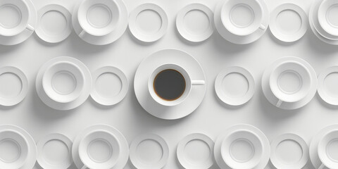Group of white plates and saucers surrounding a coffee cup in the center