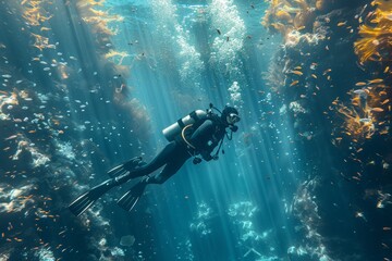 Underwater tranquility with sunbeams piercing through as a diver explores amidst schools of fish