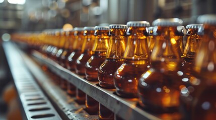 Shimmering bottles lined up on a factory's conveyor belt.
