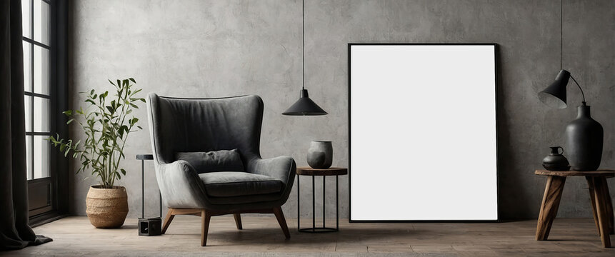 Canvas mockup in minimalist interior background with armchair and rustic decor ,Front view