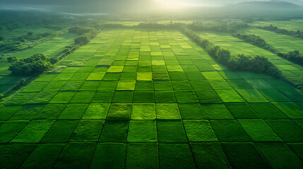 Aerial view of green rice field in the morning with sunlight.