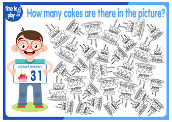 Count how many cakes are hidden in the picture. How many objects are there in the picture? Educational game for children. Colorful cartoon characters. Funny vector illustration.