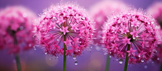 A beautiful row of pink dandelions, herbaceous plants, with water drops on their petals, set against a vibrant purple background creating a stunning art display