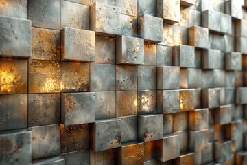 An array of metallic cubes exhibit a symmetrical pattern with glow resembling sunrise or sunset, giving a sense of warmth and industry