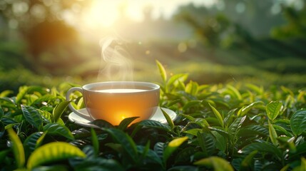 Steaming cup of tea amidst vibrant tea leaves at golden hour.