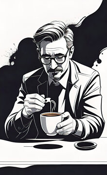 male manager drinking coffee in a cafe, vector illustration, advertising coffee and cafe,