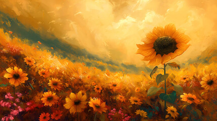 painting of Sunflower field with sunflowers at sunset.